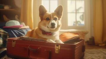 uma corgi mentiras dentro uma mala de viagem dentro a apartamento, obtendo pronto para uma viagem. ai gerado. foto