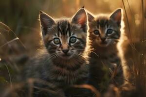 fofa pequeno gatinhos dentro a Relva dentro natureza. neural rede ai gerado foto