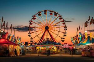 não identificado pessoas Visita a santa monica justo às pôr do sol. a santa monica justo é 1 do a maior ao ar livre eventos dentro a mundo, Estado justo carnaval no meio do caminho jogos passeios ferris roda, ai gerado foto