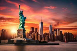 estátua do liberdade e Manhattan Horizonte às pôr do sol, Novo Iorque cidade, estátua liberdade e Novo Iorque cidade Horizonte às pôr do sol, ai gerado foto