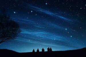 noite céu com estrelas e silhuetas do uma família em a colina, silhuetas do pessoas observando estrelas dentro noite céu. astronomia conceito, ai gerado foto