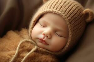 recém-nascido bebê Garoto dormindo dentro uma tricotado chapéu em uma Castanho fundo, dormindo recém-nascido bebê, ai gerado foto