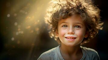 retrato do uma lindo pequeno Garoto com encaracolado cabelo dentro a parque. feliz criança contra a pano de fundo do Sol raios. uma criança com expresso alegre emoções em dele face. ai gerado foto