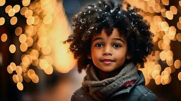 ai generativo, afro americano menina com encaracolado cabelo dentro frente do fada luzes foto