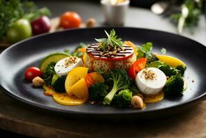 ai generativo Comida fotografia, colorida vegano prato perfeitamente arranjado e servido às vegano restaurante, foto
