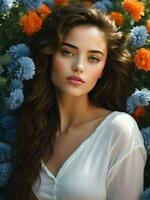 ai generativo retrato do linda sensual atraente morena caucasiano fêmea modelo sorridente dentro flor campo, moda e beleza conceito, pessoas fundo foto