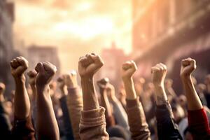 grupo do pessoas apertar seus punhos e levantar seus mãos. retrato do demonstração, ativista protestando. generativo ai foto