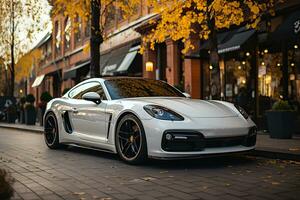 uma branco Porsche Esportes carro estacionado em a rua generativo ai foto