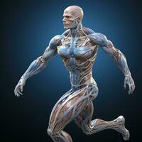 humano corpo com esquelético sistema, x raio Visão em Sombrio fundo generativo ai foto