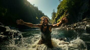 jovem homem espirrando água dentro uma montanha rio, desfrutando a liberdade. foto