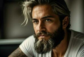 ai generativo fechar-se retrato do à moda idosos bonito homem com cinzento barba foto