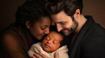 feliz jovem família com uma recém-nascido bebê dentro a mãos do uma homem e uma mulher generativo ai foto