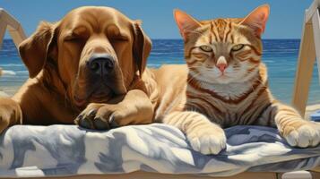 gato e cachorro em uma cama às a de praia. 3d Renderização generativo ai foto