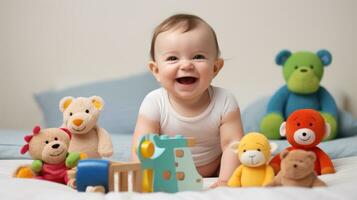 fofa bebê Garoto jogando com brinquedos em a cama às lar. generativo ai foto