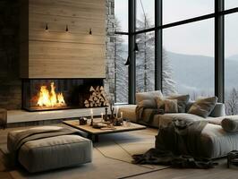 acolhedor moderno inverno vivo quarto interior com sofá e uma moderno lareira ai generativo foto