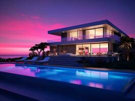 moderno luxo casa às pôr do sol noite com uma natação piscina ai generativo foto