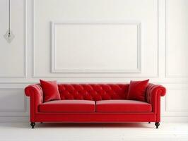 vermelho sofá com almofadas em uma branco interior parede ai generativo foto