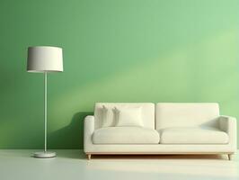 moderno interior quarto com branco sofá e chão luminária dentro frente do luz verde parede ai generativo foto