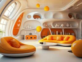 Alto tetos dentro futurista retro vivo quarto com amarelo e branco mobília ai generativo foto
