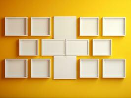 conjunto do em branco branco quadros brincar exibido em uma amarelo parede ai generativo foto