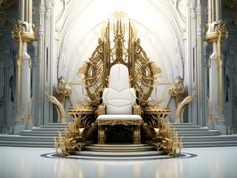 antigo 3d dourado trono em uma branco chão ai generativo foto