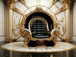 antigo 3d dourado trono em uma branco chão ai generativo foto