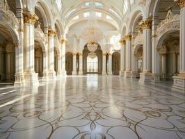 luxuoso branco mármore chão do uma Palácio com lindo ouro enfeites ai generativo foto