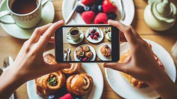 uma mulher leva uma foto do uma mesa com Comida