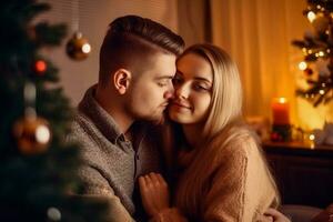 casal dentro amor abraçando dentro a quarto perto a Natal árvore foto