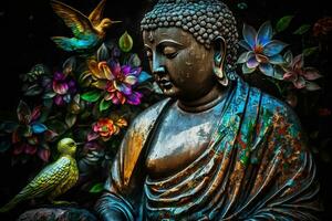 generativo ai, abstrato realista Buda estátua, flores, Magia iluminação, lindo metálico e pedra cores, natural iluminação, natural meio Ambiente foto