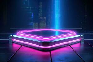 generativo ai, metal iluminação néon pódio cyberpunk irreal cidade Rosa azul néon lasers etapa produtos exibição fundo, 3d ilustração esvaziar exibição sala de exposições foto