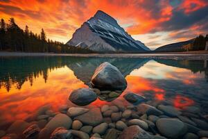 ai gerado morena lago dentro banff nacional parque, alberta, Canadá, ocupado às a pico do cor durante a manhã nascer do sol às morena lago dentro banff nacional parque, ai gerado foto