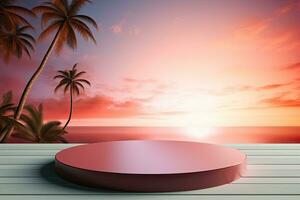 generativo ai, 3d exibição pódio pastel, em Palma de praia abstrato fundo. Primavera e verão, natureza mínimo pedestal. foto