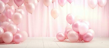 generativo ai, uma aniversário conceito, luz Rosa balão cheio fundo. cópia de espaço foto