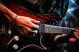 ai gerado fotografia do homem dedos pressionando cordas em a elétrico guitarra foto