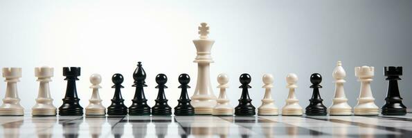 xadrez peças em tabuleiro de xadrez, conceito para liderança, trabalho em equipe, parceria, o negócio estratégia, decisão e concorrência., ai generativo foto