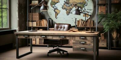 estilo industrial casa escritório com uma recuperado madeira escrivaninha Projeto e uma estante, ai generativo foto
