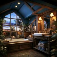 interior Projeto do elegante banheiro, luxo banheira, romântico atmosfera,, ai generativo foto