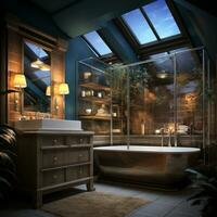 interior Projeto do elegante banheiro, luxo banheira, romântico atmosfera, ai generativo foto