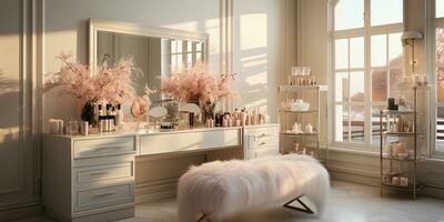 uma glamouroso vestir quarto para uma fashionista com uma vaidade mesa, vidro janela, feminino e luxuoso espaço, desenhador delícias, ai generativo foto