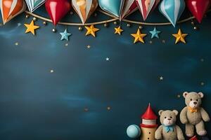 cartão Projeto com fofa Urso e balão Estrela elementos, ai gerado foto