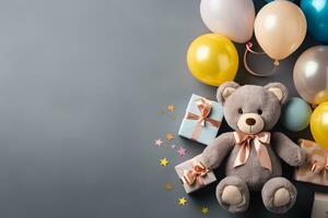 festivo cumprimento cartão fundo com balão estrelas e fofa Urso boneca, ai gerado foto