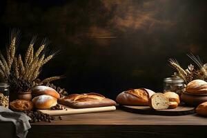 decorativo padaria tema com farinha e pão em de madeira mesa, ai gerado foto