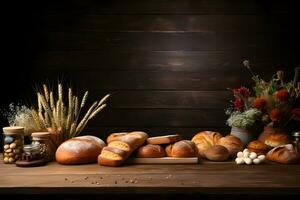 pão farinha decoração e padaria tema em de madeira mesa, ai gerado foto