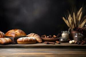 farinha e pão decoração em de madeira mesa para produtos mostrar, ai gerado foto