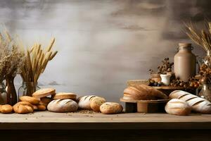 decorativo farinha e pão acentos em de madeira mesa para produtos, ai gerado foto