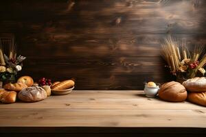 farinha e pão acentos em uma de madeira mesa para produtos mostrar, ai gerado foto