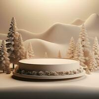 Natal pódio para branding e embalagem apresentação. produtos exibição com presente caixas, Natal árvore e neve. Natal mostruário. Cosmético e moda. 3d ilustração. 3d render foto