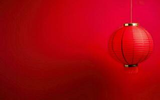 Primavera festival poster. minimalista moderno bandeira modelo com uma suspensão lanterna. chinês Novo ano decorações em brilhante vermelho fundo, cópia de espaço. ai generativo foto