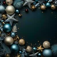 azul, ouro e prata Natal enfeite fronteira em uma marinha azul fundo. com cópia de espaço para texto. a conceito do Natal e Novo ano foto